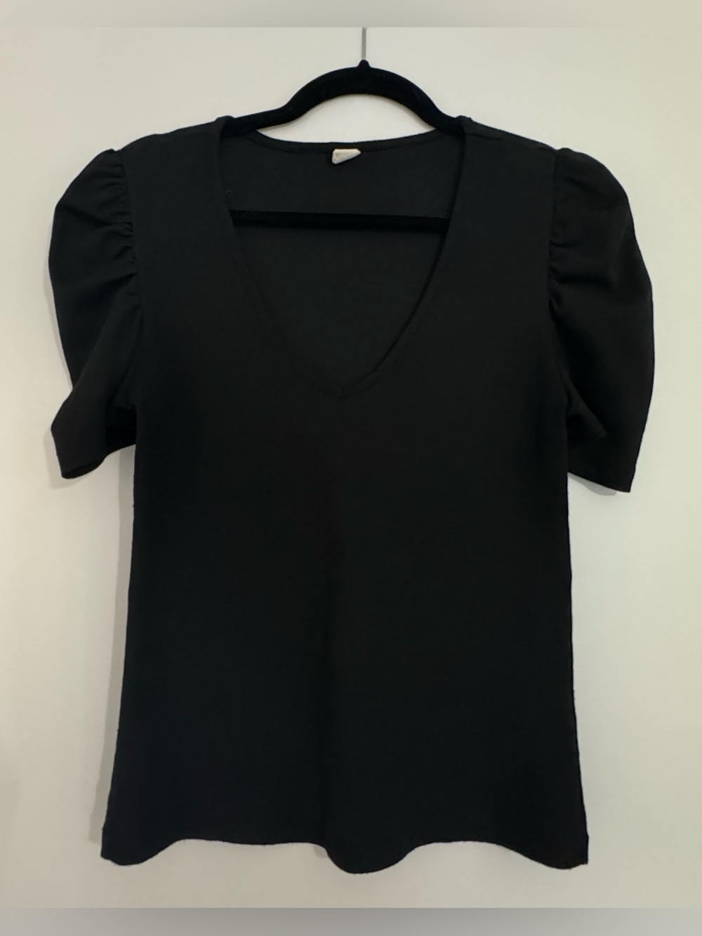 Black Ribbed Knit Puff Sleeve T-Shirt Size Large - Soft Stretch